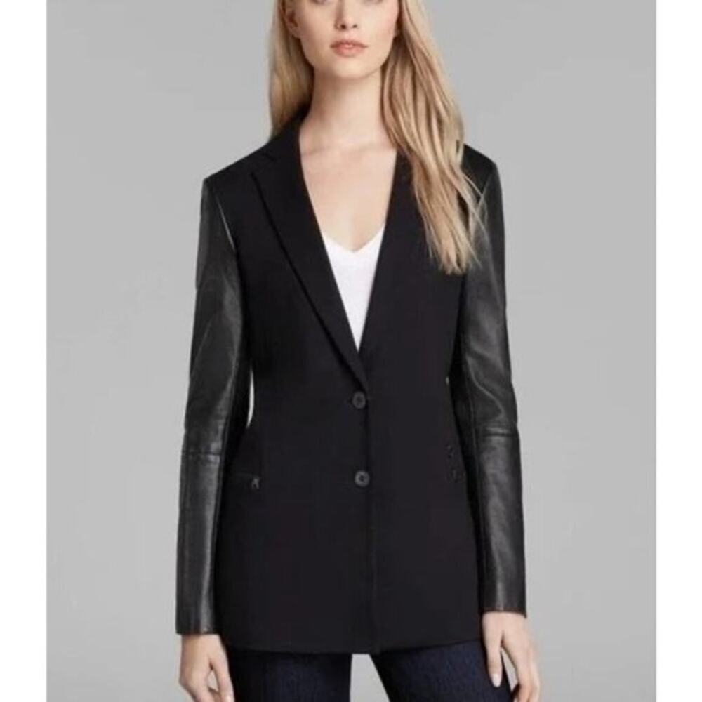 Theory Black Lavey K Goat Leather Long Sleeves Two Button Blazer Jacket Size 4